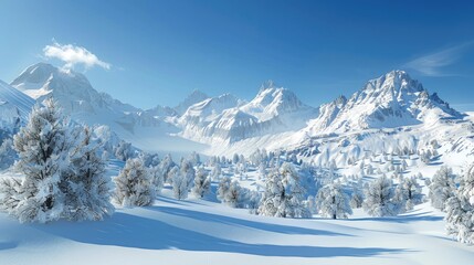 Fototapeta premium A snowy mountain landscape with crisp white peaks and a clear blue sky.