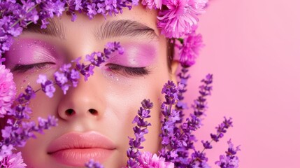 Naklejka premium Floral Beauty, Close-up of woman with pink flowers, Spring Makeup
