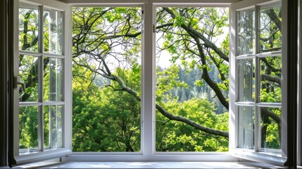 A view through an open window showing a lush green forest during daylight