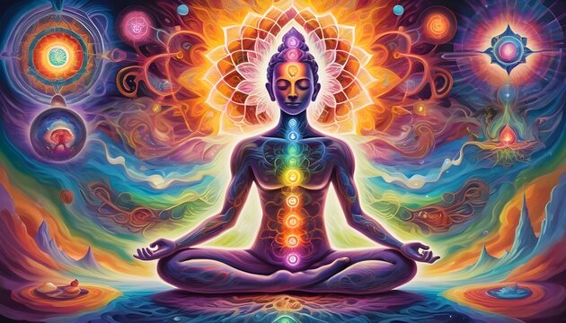 illustration of higher yoga relax chill out dmt visions spirit 7 colored chakras meditation dmt hallucinations multiverse connected through a nervous system trippy psychedelic