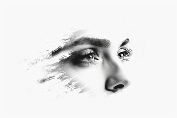 Obraz premium Thoughtful Expression, Woman's eye and nose in black and white, Reflective Mood.