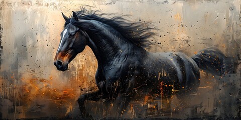 Black horse with long mane on a grunge background. Digital painting