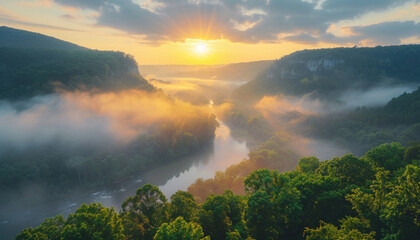 The sun is shining through the clouds over a river surrounded by trees near highlands and mountains
