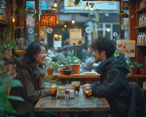 Happy couple enjoying casual lunch at bright cafÃ©, shot with 90 mm f/4.0 lens