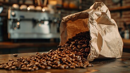 a crumbled paper bag with coffee beans spilling out of it
