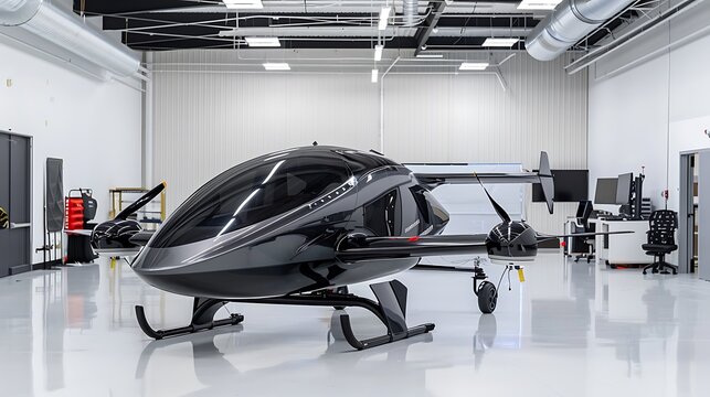 A Flying Car Developer collaborates with a team of engineers to refine the aerodynamics of a flying car prototype