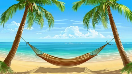 Fototapeta premium A tranquil beach scene with a hammock strung between two palm trees.
