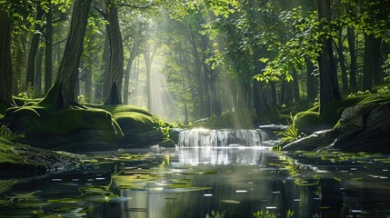 Fototapeta premium A tranquil forest scene with a bubbling brook and sunlight filtering through the trees.