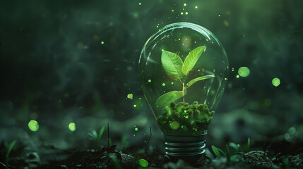 Small plant growing inside a lightbulb on dark soil background