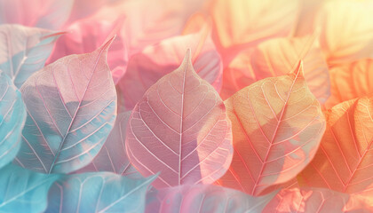 Colorful leaves close up on blurred background, showing various shades and hues