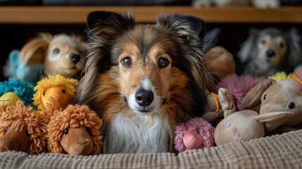 Adorable Shetland Sheepdog surrounded by stuffed animals, providing a warm and cozy scene of companionship and comfort.