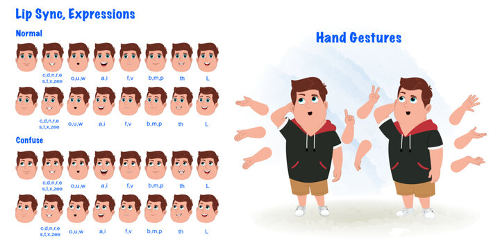 Set of fat boy character design .Cartoon character model sheet. Cartoon character creation set with confuse face expression and all hand gesture. Front confuse standing pose and 1/3 standing pose.