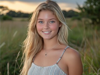 Happy young woman in a field at sunset enjoying the nature