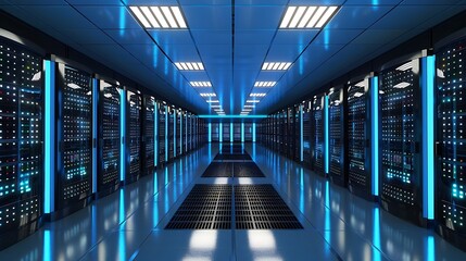 Futuristic data center environment with sleek black server racks, illuminated servers, blue and white LED lighting, and organized fiber optic cables, showcasing cutting edge technology