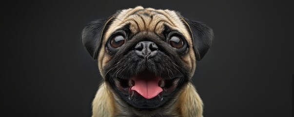 Obraz premium Close-up of a happy pug dog with a tongue out, looking directly at the camera against a black background.