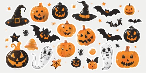 Vibrant Collection of Rhinestone Halloween Stickers Featuring Glittery Pumpkins, Bats, and Spiders on a Stark White Background