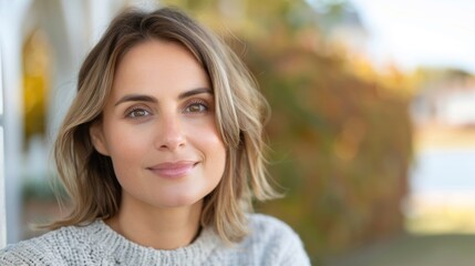 Obraz premium Woman in her early 30s with subtle crow's feet and forehead wrinkles.