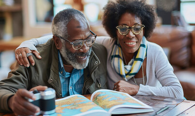 Joyful African American Senior Couple Planning Retirement Trip With Map and Camera in Cozy Living Room