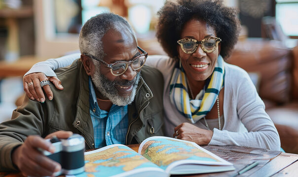Joyful African American Senior Couple Planning Retirement Trip With Map and Camera in Cozy Living Room - Powered by Adobe