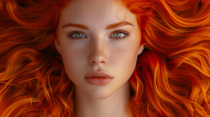 Captivating Fashion Portrait of Woman with Long Curly Red Hair, Freckles, and Intense Green Eyes - Vibrant Beauty and Elegance Concept