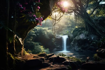 Waterfall forest tree landscape.