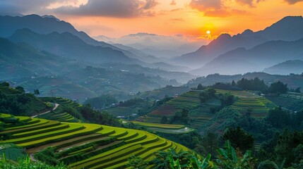 Terraced rice fields in a mountainous region during sunset