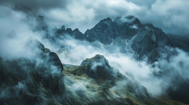 Thick clouds rolling over a rugged mountain range