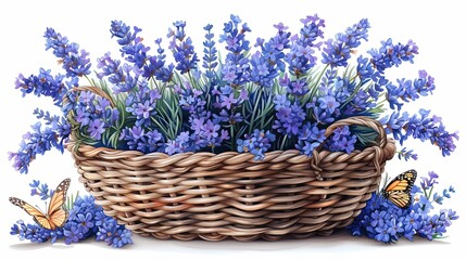 Fototapeta premium vector, illustration, flat, Provence seamless vector vintage pattern in a flat style. Lavender blossom flower summer art. Bouquet, basket, vase ornament with butterfly on a white background