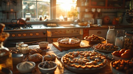 Sunlit Kitchen Table with Pies and Pastries