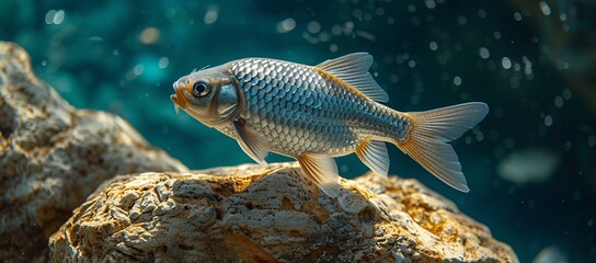 Fototapeta premium A vibrant fish perched on a smooth rock, surrounded by clear water, showcasing nature's beauty in a peaceful outdoor setting.