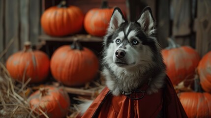 Siberian Husky dressed in a festive autumn cape, surrounded by orange pumpkins in a rustic setting.