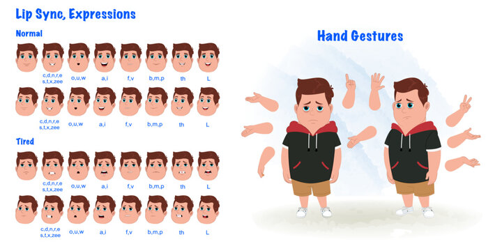 Set of fat boy character design .Cartoon character model sheet. Cartoon character creation set with tired face expression and all hand gesture. Front tired standing pose and 1/3 standing pose.