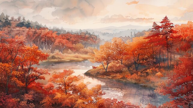 A long-shot landscape of an enchanting autumn forest
