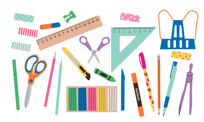 Cute school stationery and Art Supplies big Set, cartoon style. Kawaii accessories for study, student equipment. Back to school. Trendy modern vector illustration isolated on white hand drawn flat 