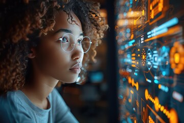 A young woman with in front of a big monitor. Black female IT Computer specialist analyzing artificial intelligence cyber threats to consumer data and privacy leaks.