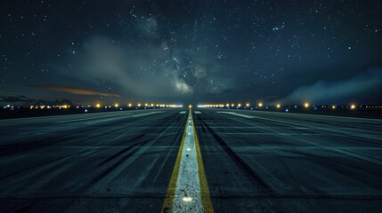 a deserted airplane runway with an asphalt surface and a night sky with lights as a marker