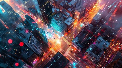 A photorealistic birds-eye view of a vibrant cityscape