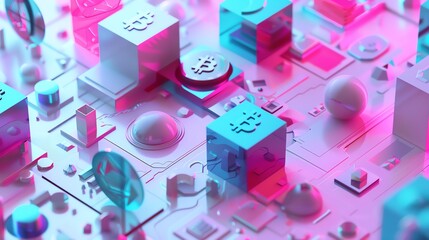 Minimalist birds-eye view of cryptocurrency markets, clean lines and soft color gradients, digital art style, simple yet striking symbols, concise and focused composition