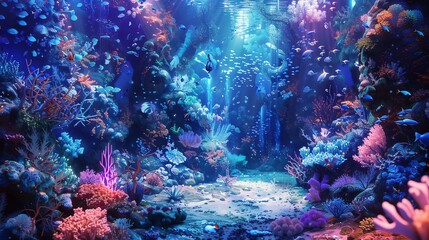 Panoramic view of a fantastical underwater world, luminescent coral reefs, whimsical sea creatures, ethereal glow using innovative lighting techniques, photorealistic digital art