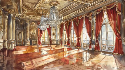 Tilted angle view of an elegant Victorian ballroom