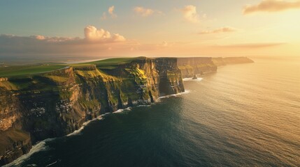 View of the world famous Cliffs of Moher, evening aerial view at sunset
