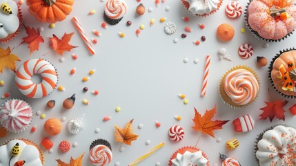 Fototapeta premium Spooky Halloween Candy and Cupcakes on Autumn Leaves Background with Copy Space, High Detail in 32K Resolution, Generative Ai