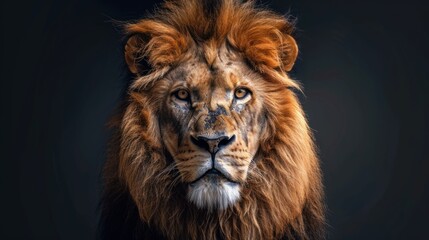 Fototapeta premium close up front view of a strong male lion on a dark background