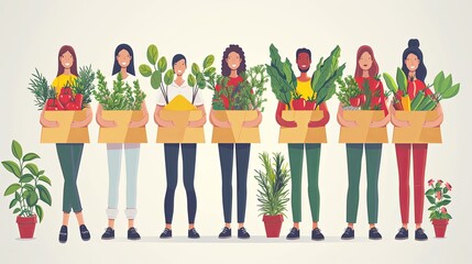 Fototapeta premium vector, illustration, flat, People Harvesting and Sell Spices and Herbs on Market. Ayurveda Food Ingredients Concept. Women Holding Huge Spice Items as Chili Pepper Salt Shaker Vanilla Sticks. Cartoon