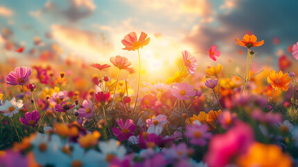 Fototapeta premium カラフルなコスモスの花畑