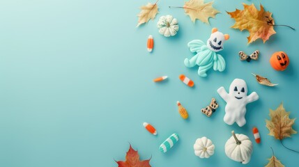 Fototapeta premium Spooky Halloween Character Treats and Autumn Leaves Background for Seasonal Design with Copy Space, Colorful High-Resolution 32K Image, Generative Ai
