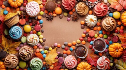 Festive Halloween Treats and Cupcakes with Autumn Leaves Decoration | High-Quality 32K Resolution Image with Copy Space, Generative Ai