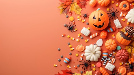 Vibrant Spooky Halloween Sweets and Autumn Leaves Background with Blank Text Area in 32K Resolution, Generative Ai