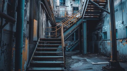 Rusty Stairway in Abandoned Factory