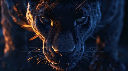 close up front view of a powerful black panther on a dark background
